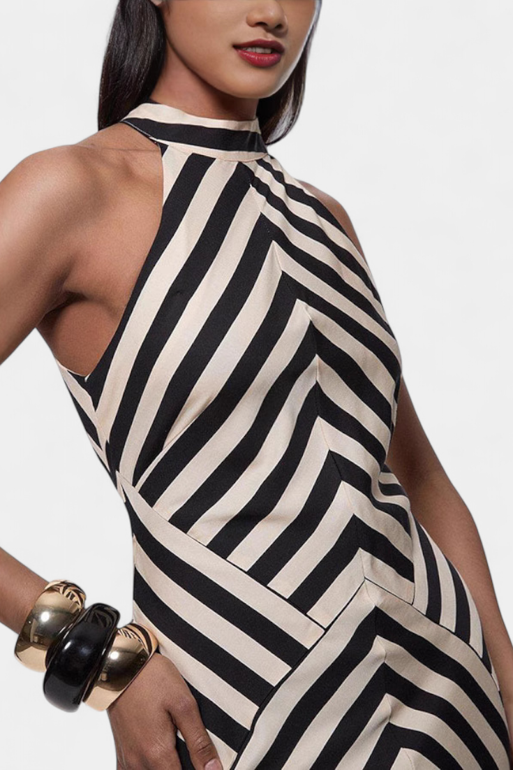 Crispina Ριγέ Maxi Φόρεμα Halter με Ρευστή Γραμμή