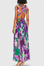 Cecil - Πλισέ Μακρύ Φόρεμα με Ακουαρέλα και Ανοιχτή Πλάτη