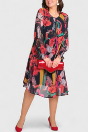 Annegret Φόρεμα Floral Midi με Μακριά Μανίκια και Ρευστή Γραμμή