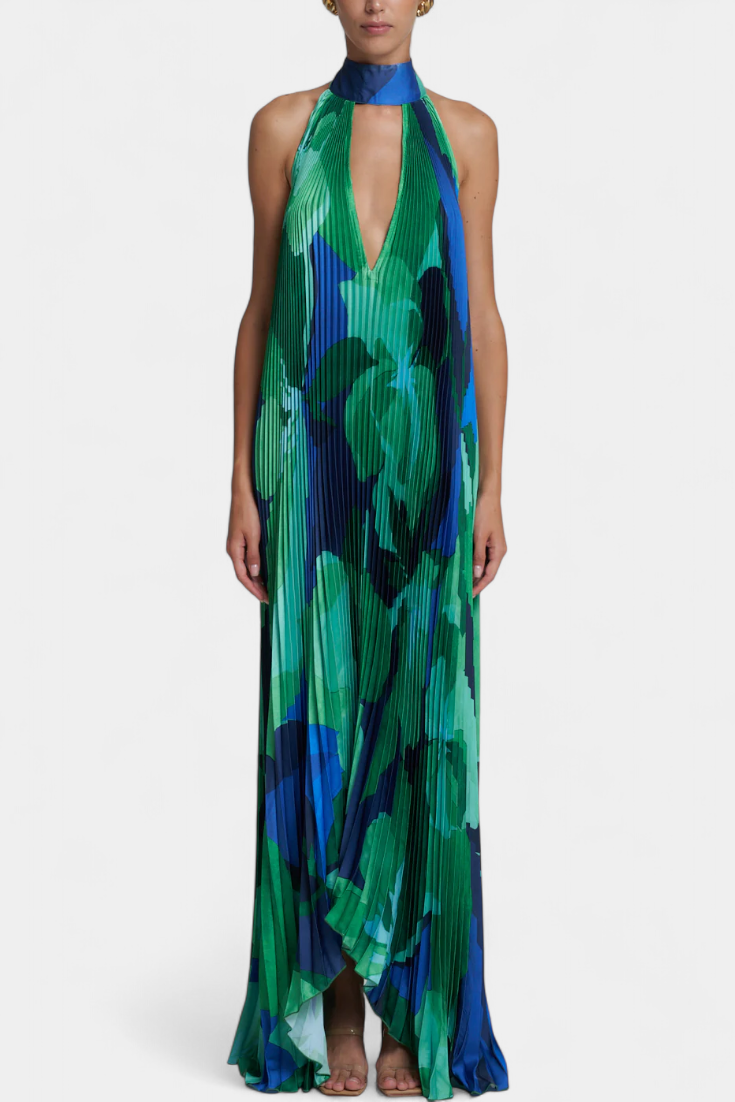 Giselle μακρύ πλισέ φόρεμα με λαιμόκοψη και κομψή κίνηση