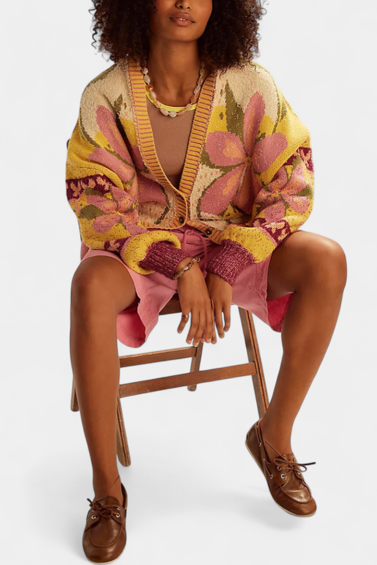 Casey Πλεκτή ζακέτα με λουλουδάτο σχέδιο και χαλαρή εφαρμογή