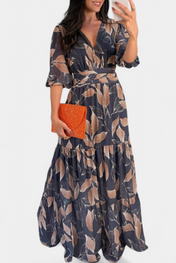 Αΐσα Μακρύ Φλοράλ Φόρεμα με Αέρινη Γραμμή και Σχέδιο με Φύλλα