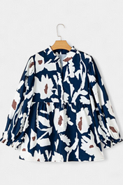 Filomena Μπλούζα με Μισό Κουμπιά, Φουσκωτά Μανίκια και Αφηρημένο Φλοράλ Σχέδιο