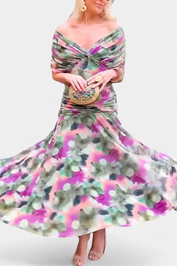 Αλόνδρα Μακρύ Φόρεμα με Φανταχτερό Λουλουδάτο Σχέδιο και Ντεκολτέ σε Σχήμα V