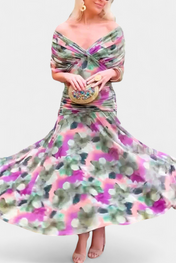 Αλόνδρα Μακρύ Φόρεμα με Φανταχτερό Λουλουδάτο Σχέδιο και Ντεκολτέ σε Σχήμα V