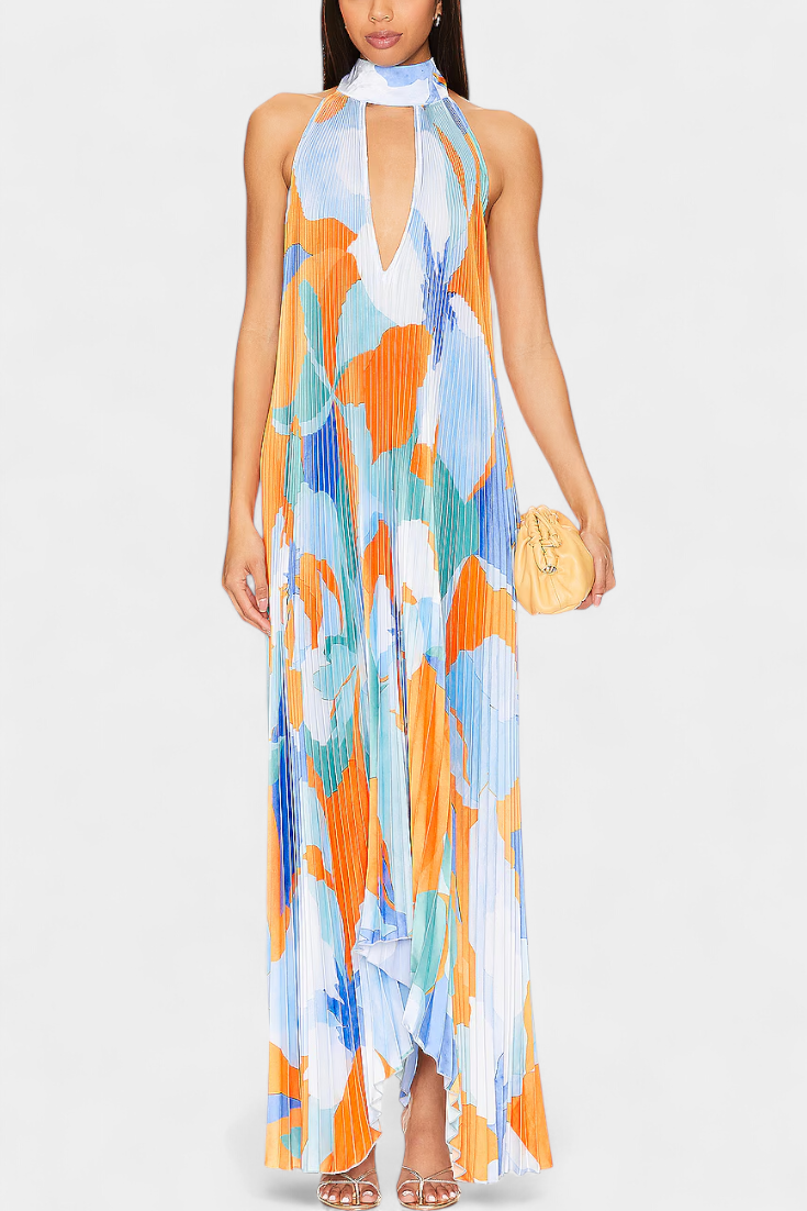 Giselle μακρύ πλισέ φόρεμα με λαιμόκοψη και κομψή κίνηση