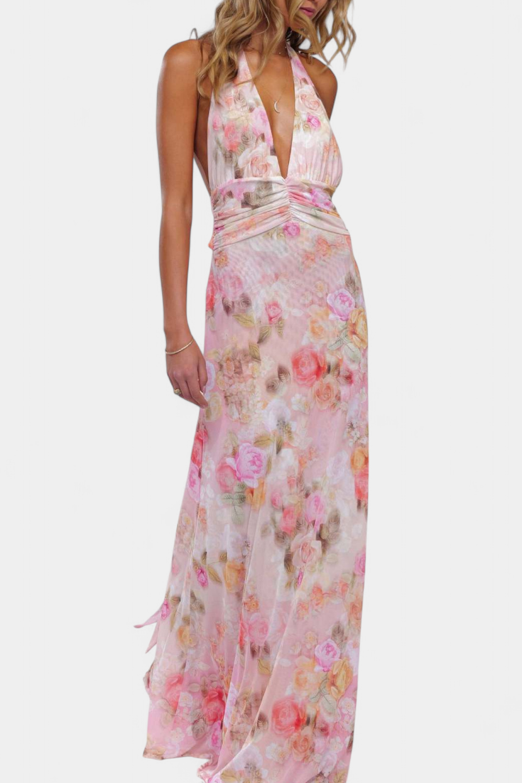 Melody Πουά Maxi Φόρεμα με Βαθιά Λαιμόκοψη