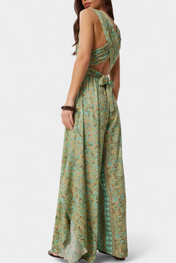 Leandra Ρευστή Ολόσωμη Φόρμα Κρουαζέ με Πράσινο Λουλουδάτο Σχέδιο