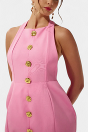 Υβόννη Μίνι Φόρεμα με Δετό Λαιμό, Ανοιχτή Πλάτη και Λουλουδάτη Λεπτομέρεια