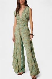 Leandra Ρευστή Ολόσωμη Φόρμα Κρουαζέ με Πράσινο Λουλουδάτο Σχέδιο