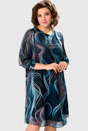 Almira Φόρεμα από Σιφόν με Στάμπα Ocean Whirl και Ρευστή Γραμμή