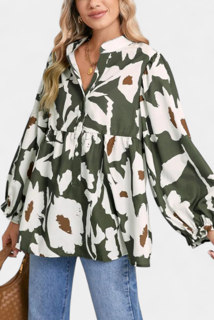 Filomena Μπλούζα με Μισό Κουμπιά, Φουσκωτά Μανίκια και Αφηρημένο Φλοράλ Σχέδιο