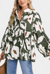 Filomena Μπλούζα με Μισό Κουμπιά, Φουσκωτά Μανίκια και Αφηρημένο Φλοράλ Σχέδιο