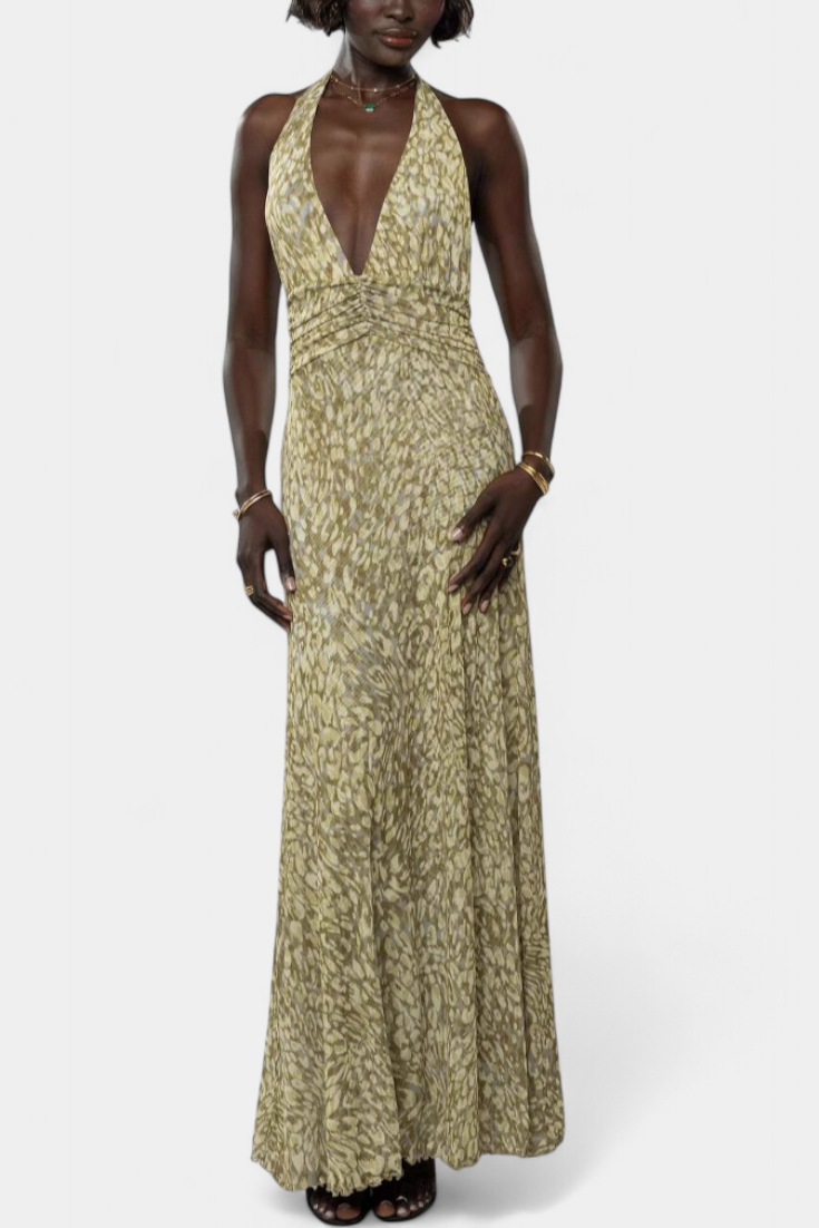 Melody Πουά Maxi Φόρεμα με Βαθιά Λαιμόκοψη