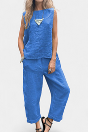 Leona Αμάνικο Σετ με Γιλέκο και Παντελόνι από Βαμβάκι και Λινό