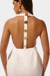 Υβόννη Μίνι Φόρεμα με Δετό Λαιμό, Ανοιχτή Πλάτη και Λουλουδάτη Λεπτομέρεια