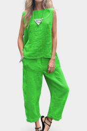 Leona Αμάνικο Σετ με Γιλέκο και Παντελόνι από Βαμβάκι και Λινό