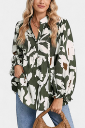 Filomena Μπλούζα με Μισό Κουμπιά, Φουσκωτά Μανίκια και Αφηρημένο Φλοράλ Σχέδιο