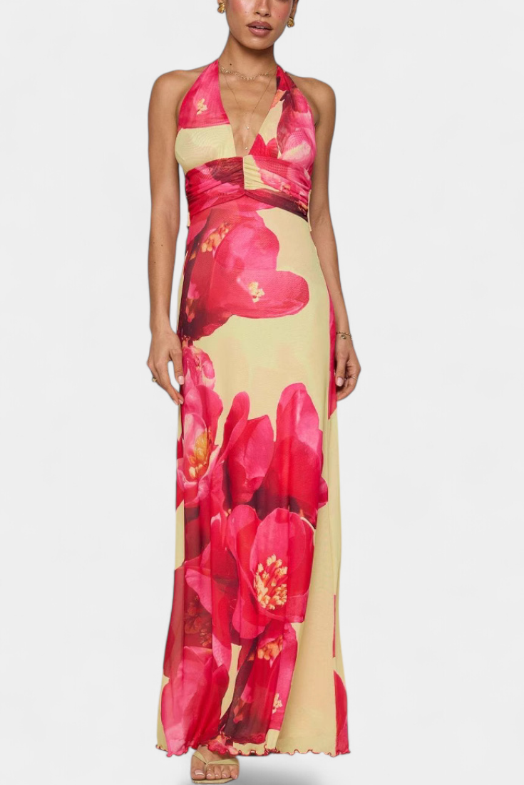 Melody Πουά Maxi Φόρεμα με Βαθιά Λαιμόκοψη