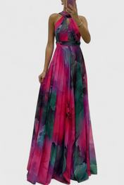 Καπρίς Μάξι Φόρεμα από Σιφόν με Λουλουδάτο Σχέδιο και Δετό Λαιμό