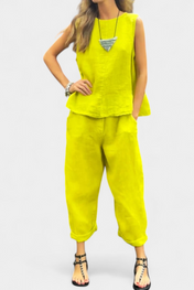 Leona Αμάνικο Σετ με Γιλέκο και Παντελόνι από Βαμβάκι και Λινό