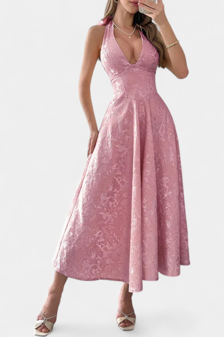 Gilda Φόρεμα Jacquard Midi με Ανοιχτή Πλάτη και Ψηλή Μέση