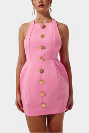 Υβόννη Μίνι Φόρεμα με Δετό Λαιμό, Ανοιχτή Πλάτη και Λουλουδάτη Λεπτομέρεια