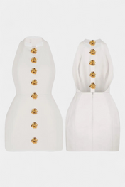 Υβόννη Μίνι Φόρεμα με Δετό Λαιμό, Ανοιχτή Πλάτη και Λουλουδάτη Λεπτομέρεια