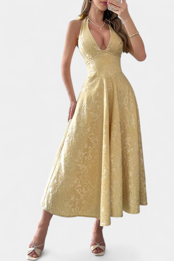 Gilda Φόρεμα Jacquard Midi με Ανοιχτή Πλάτη και Ψηλή Μέση