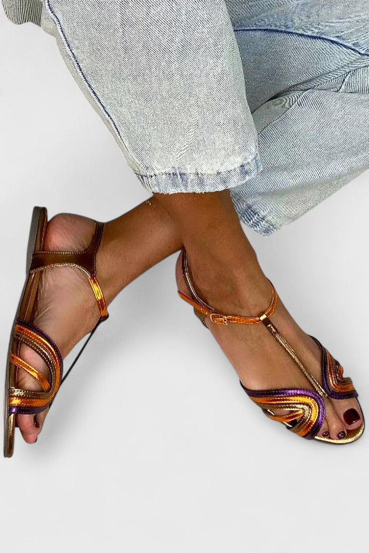 Raluca Χρυσά σανδάλια με πολύχρωμο λουράκι και αγκράφα