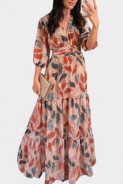 Αΐσα Μακρύ Φλοράλ Φόρεμα με Αέρινη Γραμμή και Σχέδιο με Φύλλα