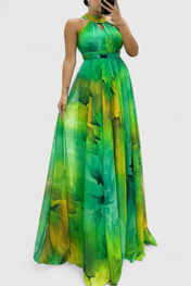 Καπρίς Μάξι Φόρεμα από Σιφόν με Λουλουδάτο Σχέδιο και Δετό Λαιμό