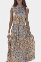 Teófila Μακρύ Μεταξωτό Φόρεμα με Στάμπα Θησαυρούς του Ωκεανού