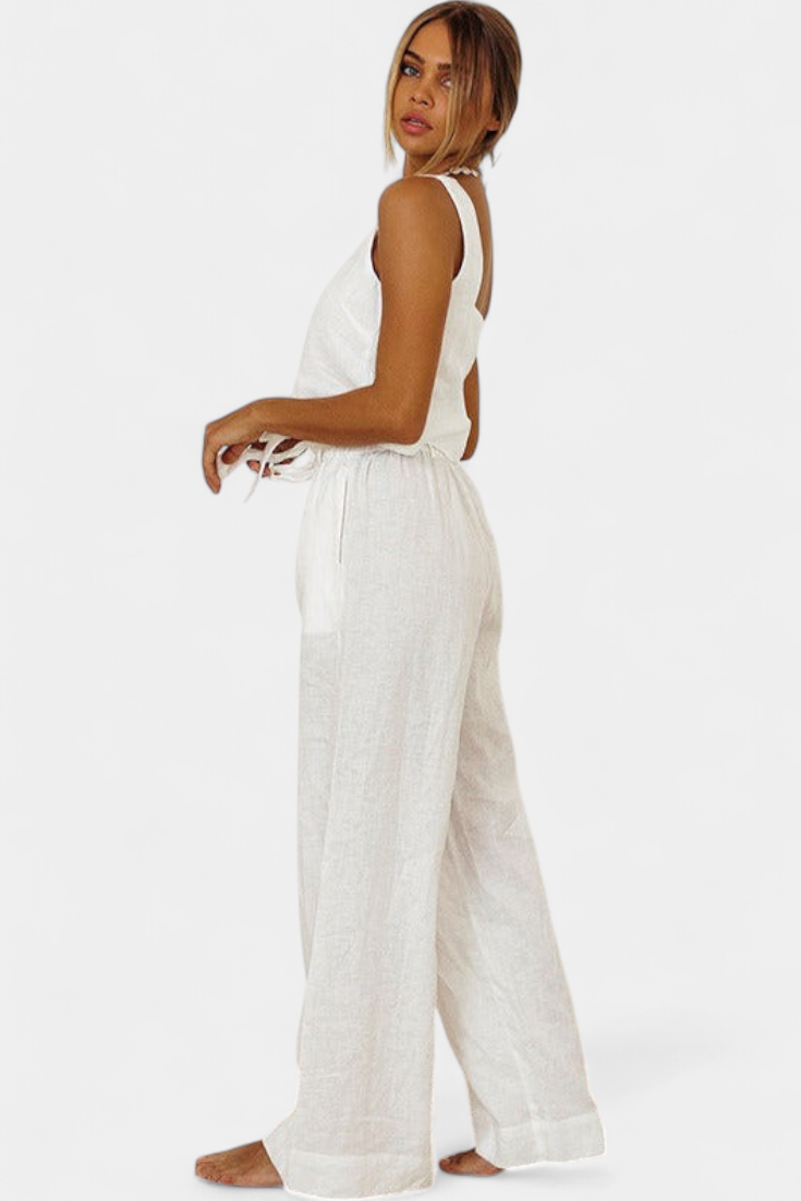 Pascuala Λινό Σετ Δύο Τεμαχίων με Αμάνικη Μπλούζα και Αέρινο Παντελόνι