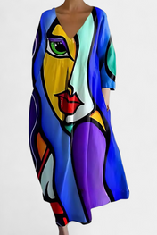 Anne Μακρύ Πολύχρωμο Φόρεμα με V Ντεκολτέ